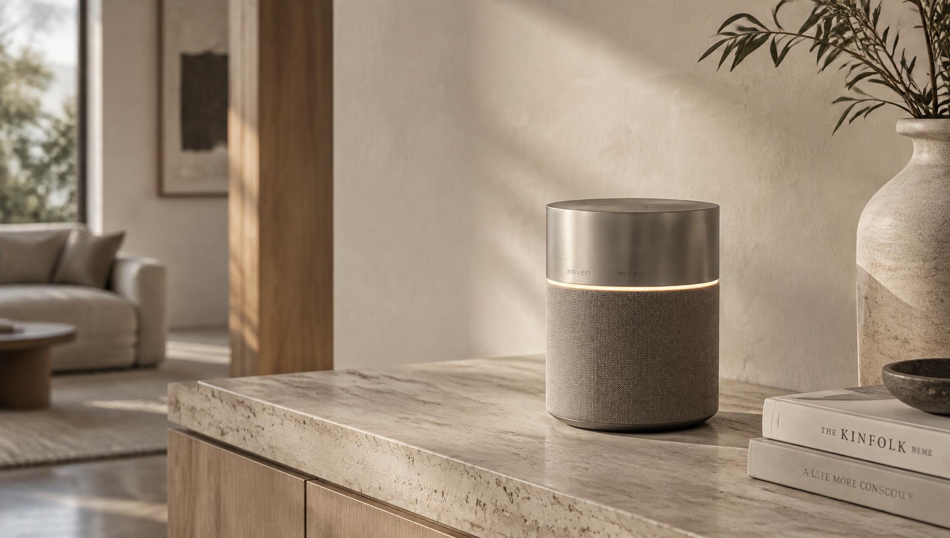 Illustration of NOVEN One: a compact cylinder with a brushed aluminum top and warm-gray fabric body, a soft light ring between them, on a travertine sideboard in a sunlit living room.